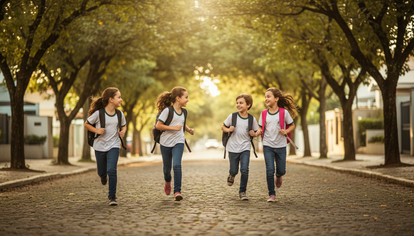 Crianças em idade escolar voltando para casa no fim de tarde