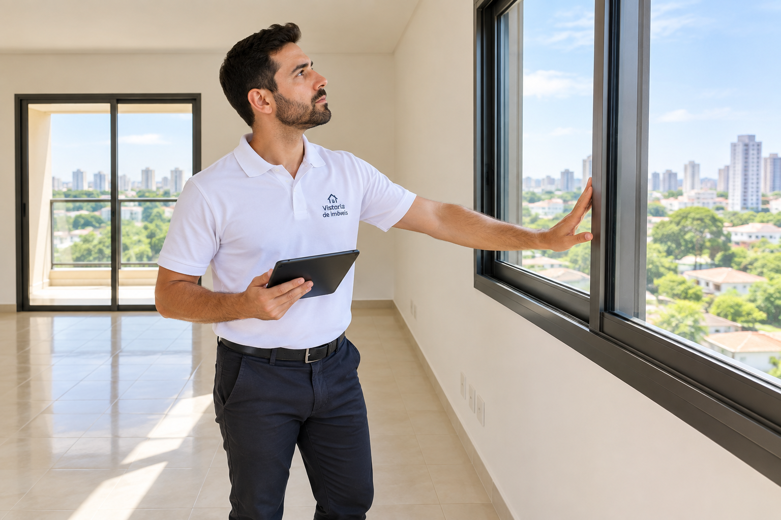 Vistoriador imobiliário profissional registrando detalhes do imóvel