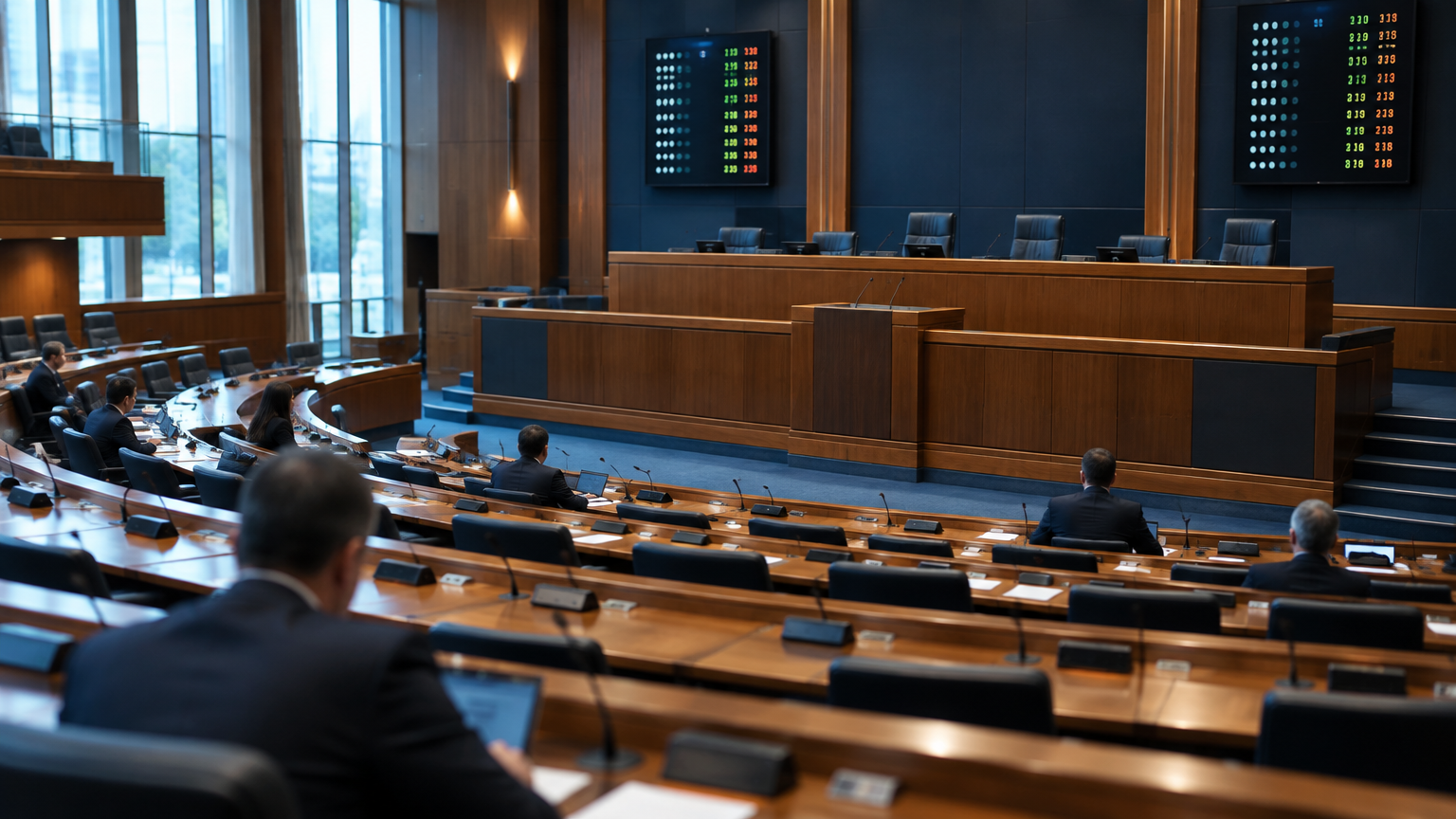Plenário de casa legislativa com cadeiras enfileiradas, microfones e painel de votação ao fundo