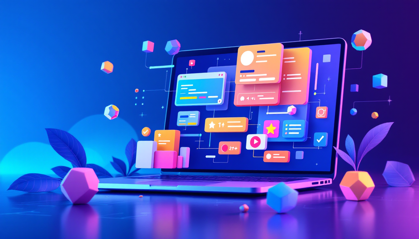 Ilustração moderna de desenvolvimento no-code com elementos de interface de usuário e blocos de construção digitais, refletindo a facilidade de criar sem código.