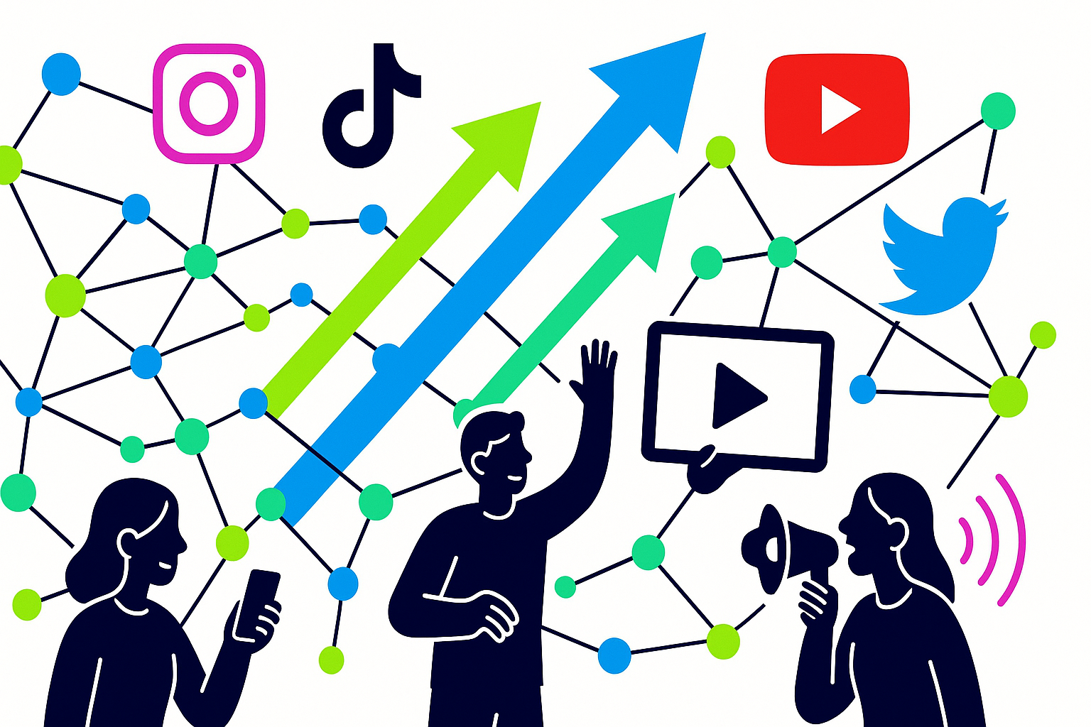 Ilustração moderna sobre viralização de conteúdo e redes sociais, com elementos de IA e conexão digital.