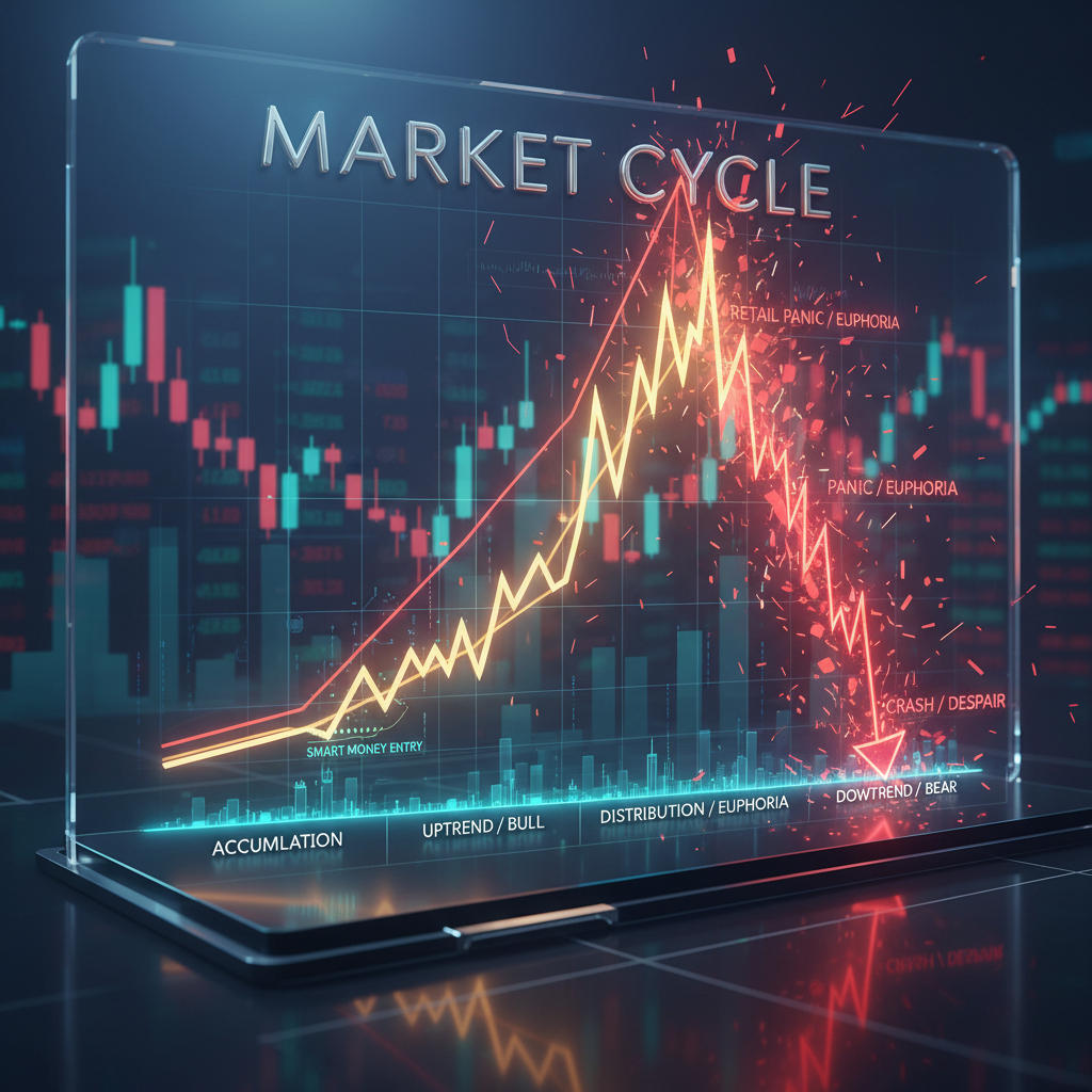 Gráfico financeiro mostrando as fases de Acumulação, Alta e Distribuição nos ciclos de mercado