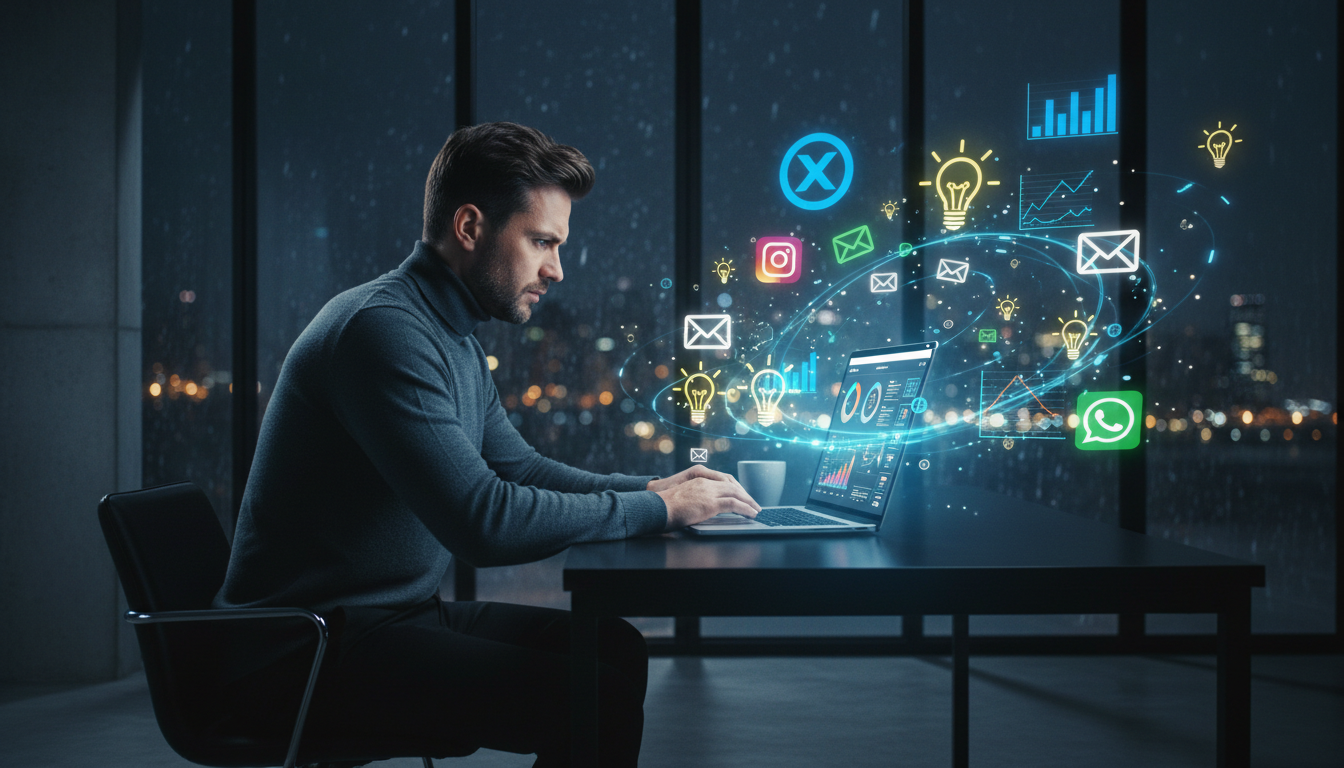 Empreendedor focado em meio ao caos de distrações digitais