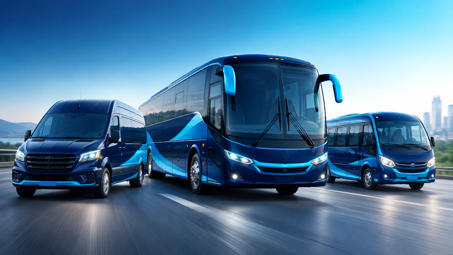 Frota realista de passageiros UtraMov: ônibus, van e micro-ônibus em movimento na rodovia