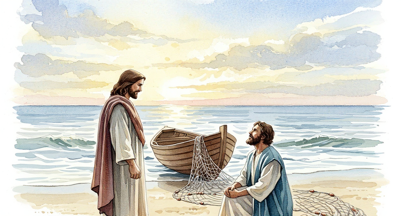 Jesus restaurando Pedro na praia, após a pesca milagrosa e a frustração.