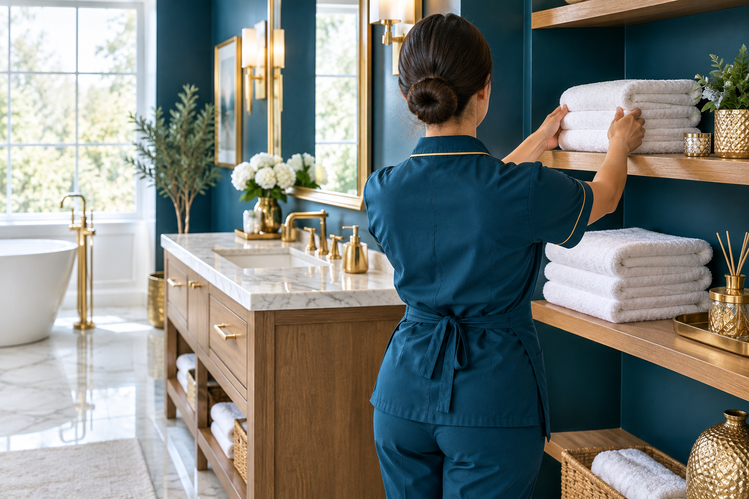 Profissional Nest Pro Clean organizando toalhas em banheiro de luxo