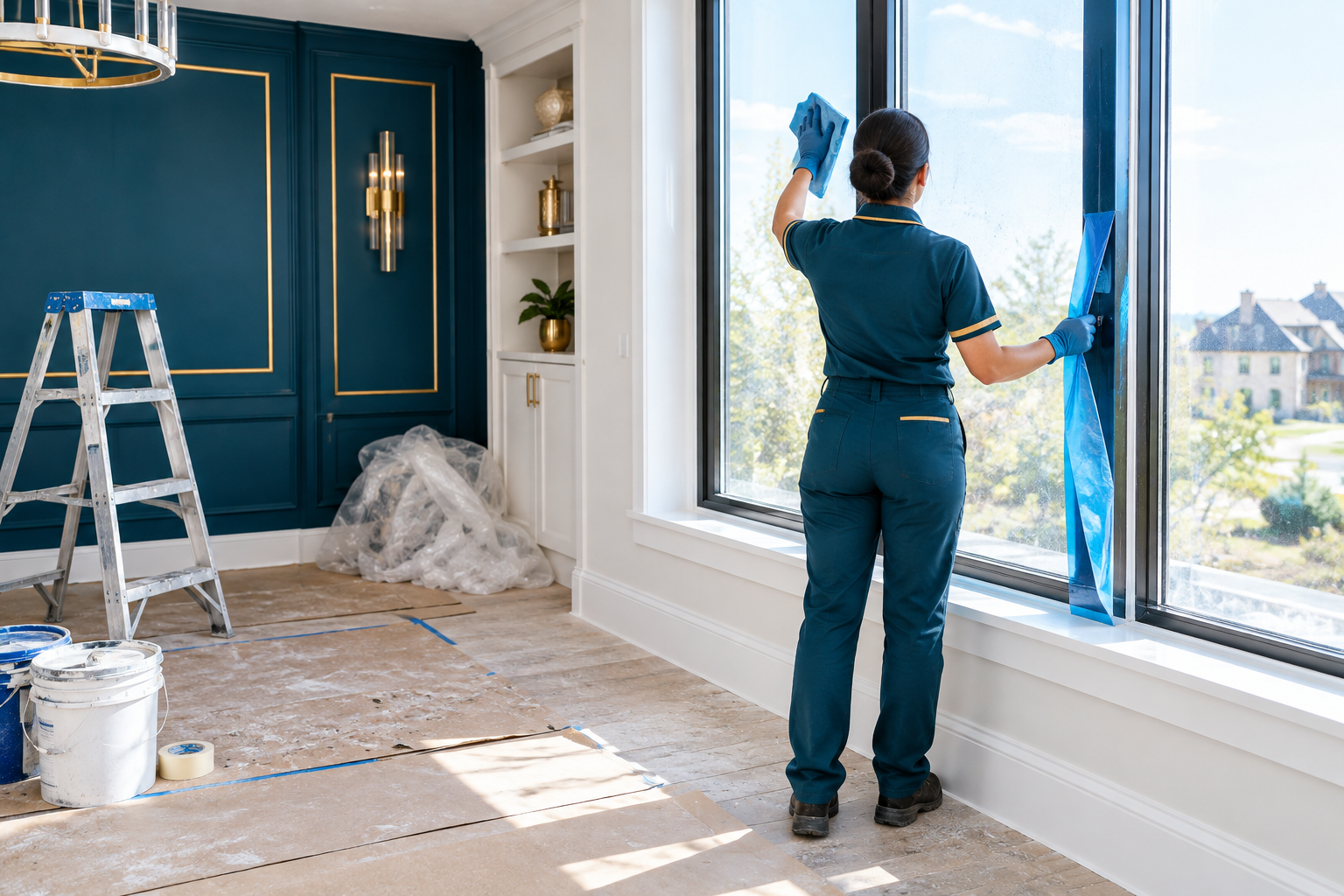 Profissional Nest Pro Clean em limpeza pós-construção, removendo poeira de obra e fita de proteção de janela nova