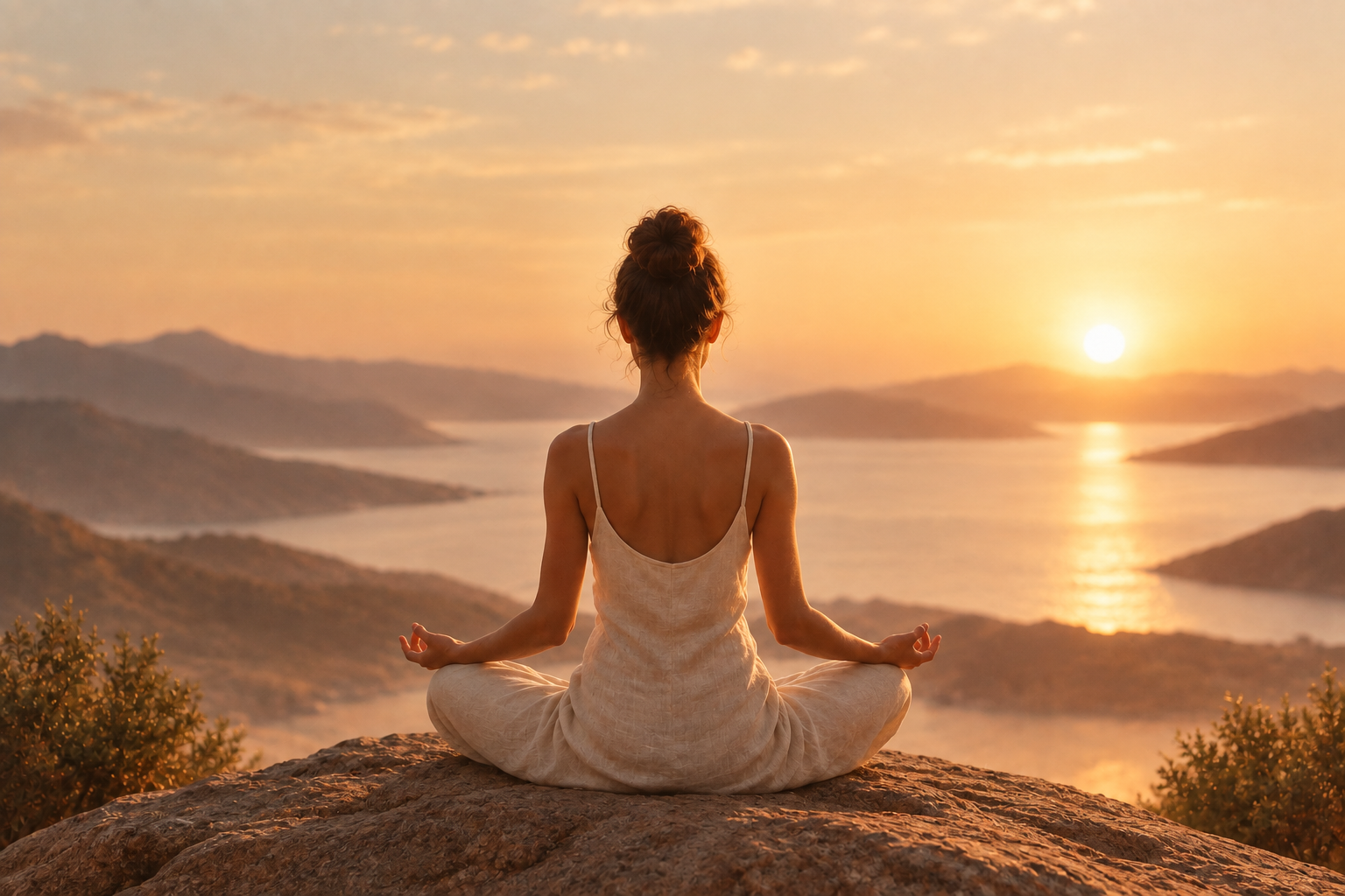 Mulher meditando vista de costas com luz dourada e tons de alvorecer para Jornada Frequência Elevada