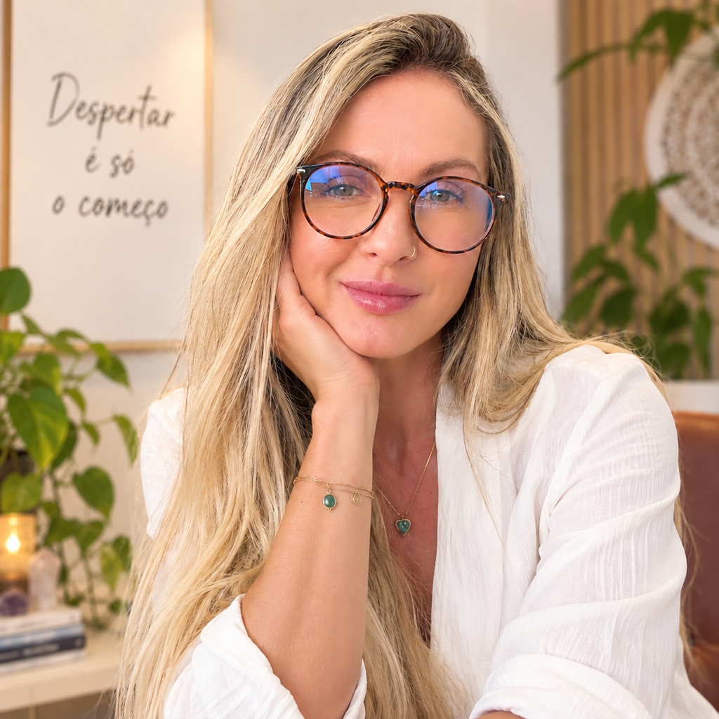 Gy sorridente com óculos, pose de escuta ativa e acolhedora com o quadro Despertar é só o começo ao fundo