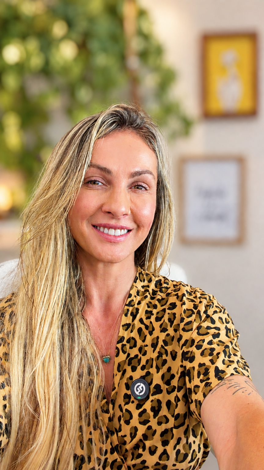 Gy sorridente com estampa leopardo e folhas delicadas ao fundo