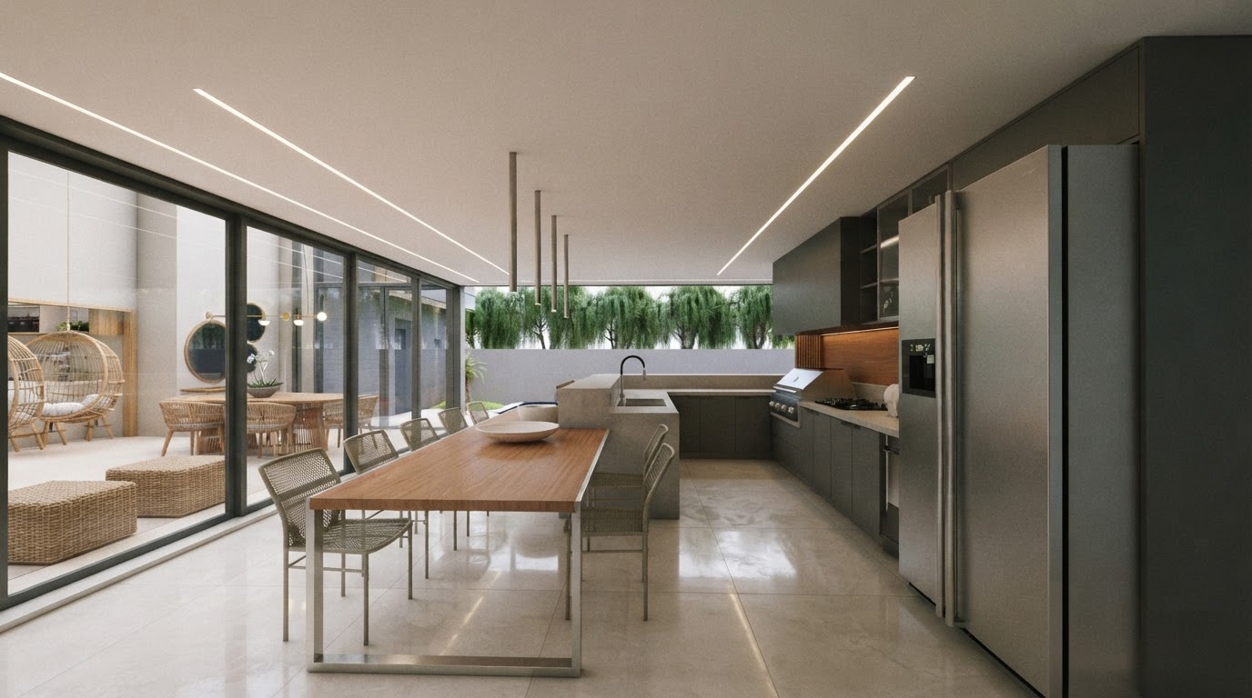 Área gourmet e piscina — obra Molina Construções