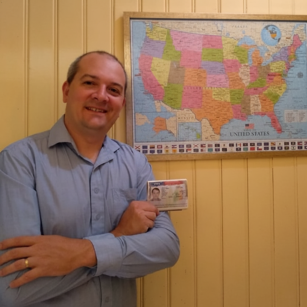 Júlio César Gobatto — Especialista Consular em Vistos Americanos (camisa azul segurando passaporte com mapa dos EUA ao fundo)