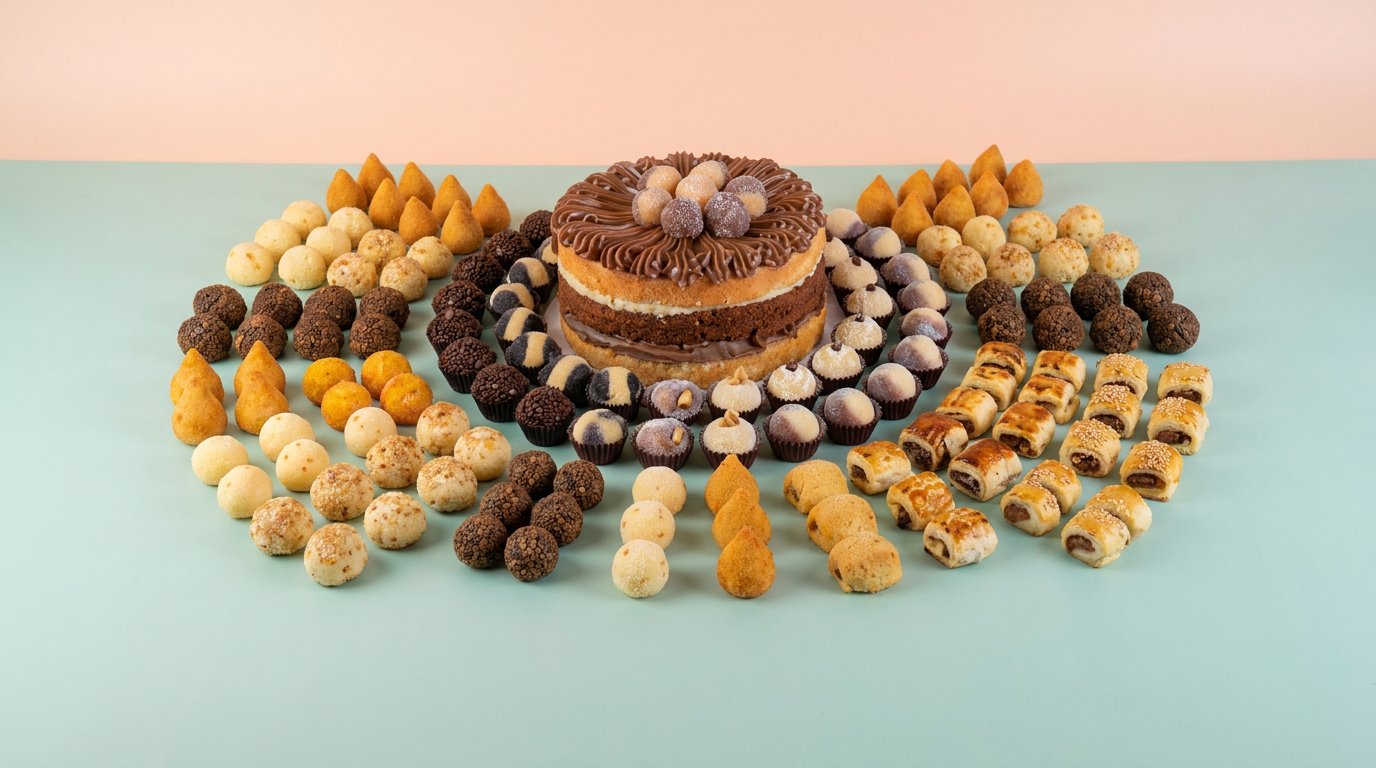Kit Festas Completo Tati Doces — Naked cake central cercado de docinhos artesanais e salgados crocantes
