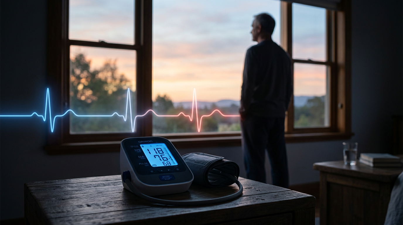 Cinematic low-key composition illustrating blood pressure monitoring in a clinical setting