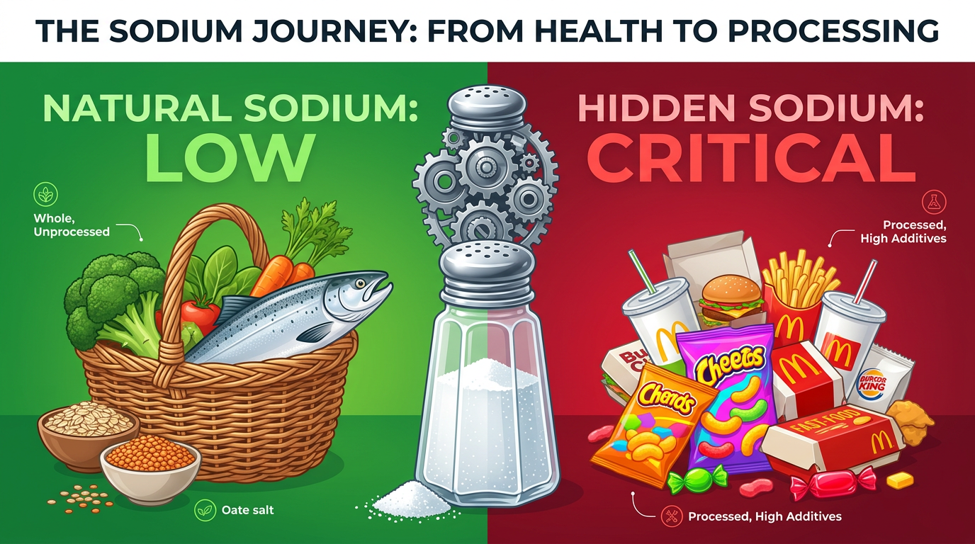 Split-screen infographic about healthy eating and blood pressure
