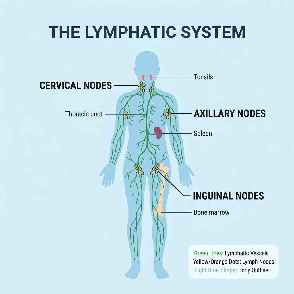 Infographic diagram of the human lymphatic system showing vessels, nodes, and drainage pathways