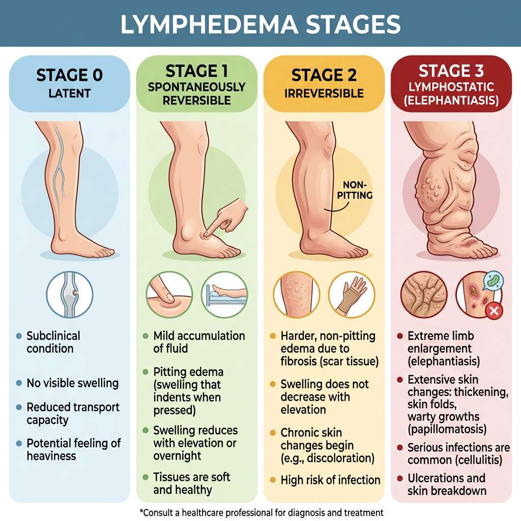 Infographic comparing the clinical stages of lymphedema from mild to severe