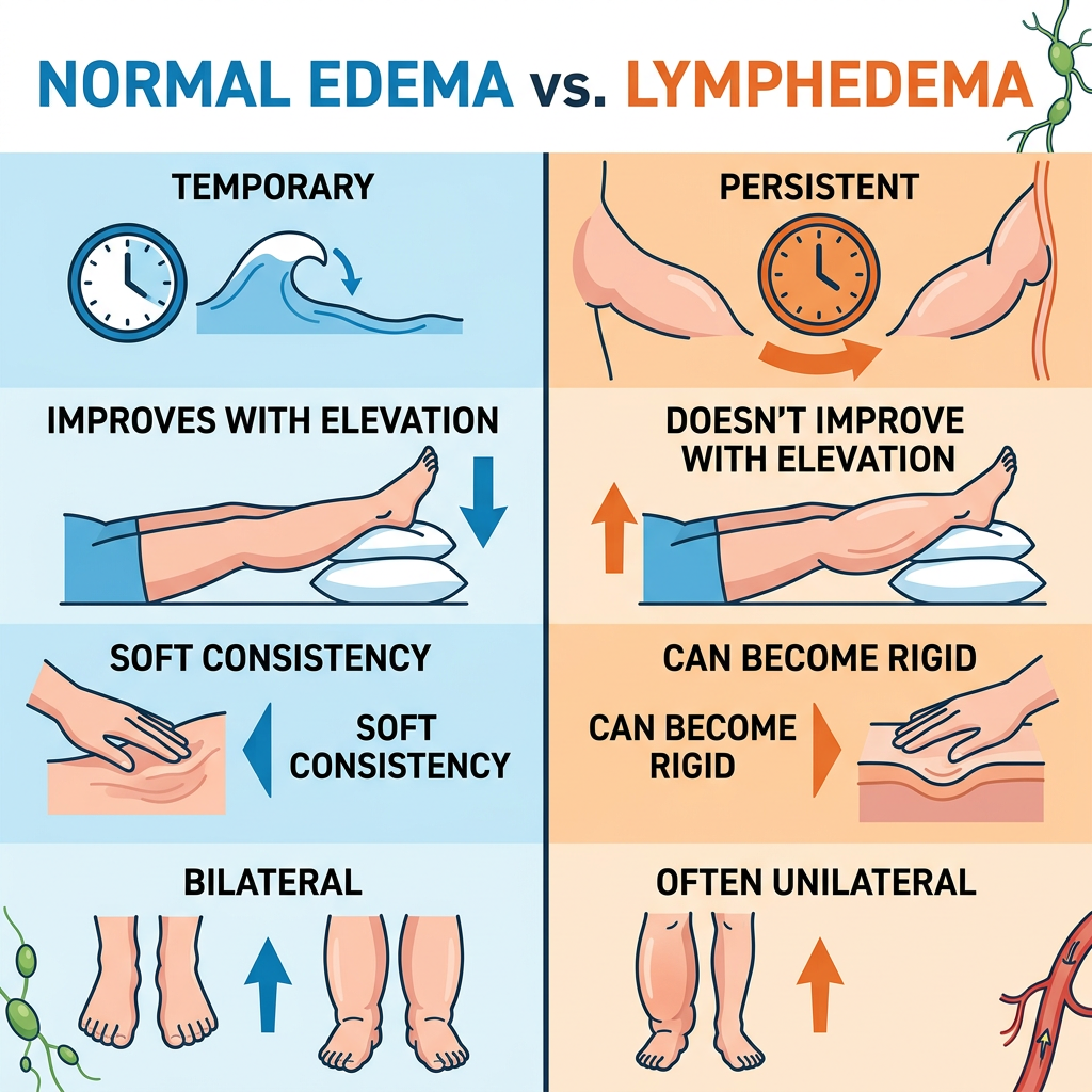 Infographic comparing normal edema with lymphedema symptoms and characteristics
