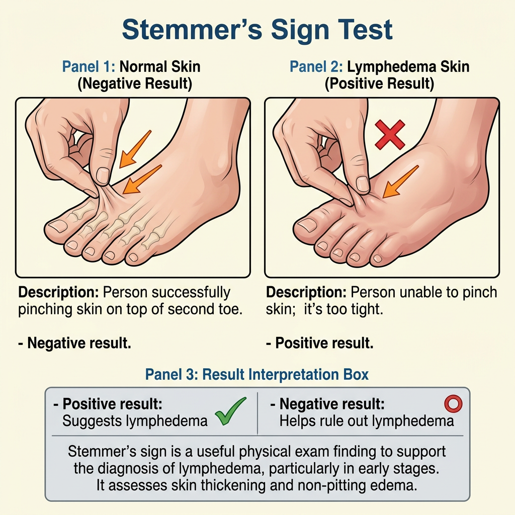 Step-by-step visual guide showing how to perform the Stemmer sign test for lymphedema