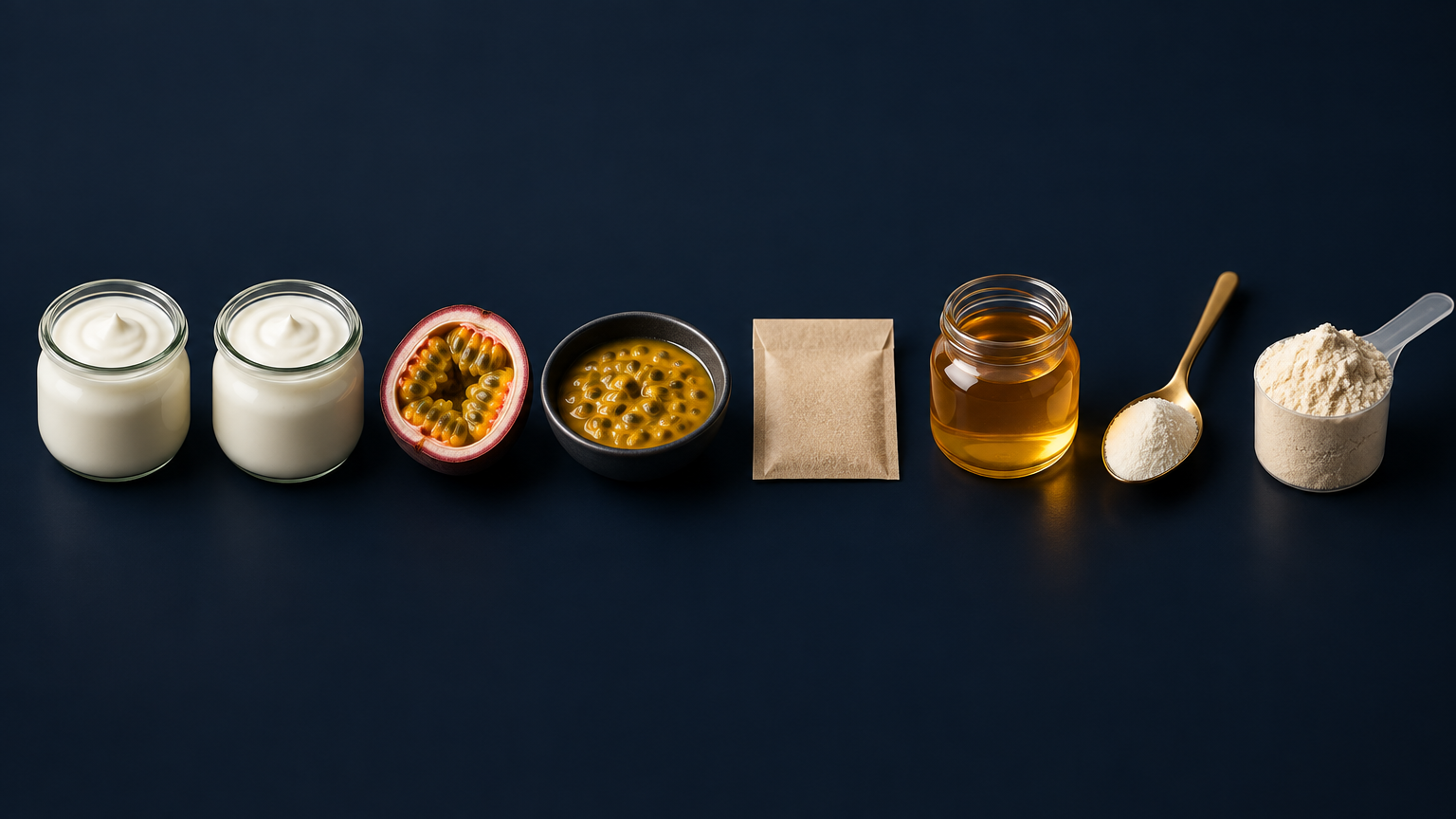 Ingredientes frescos selecionados para o mousse de maracujá fit