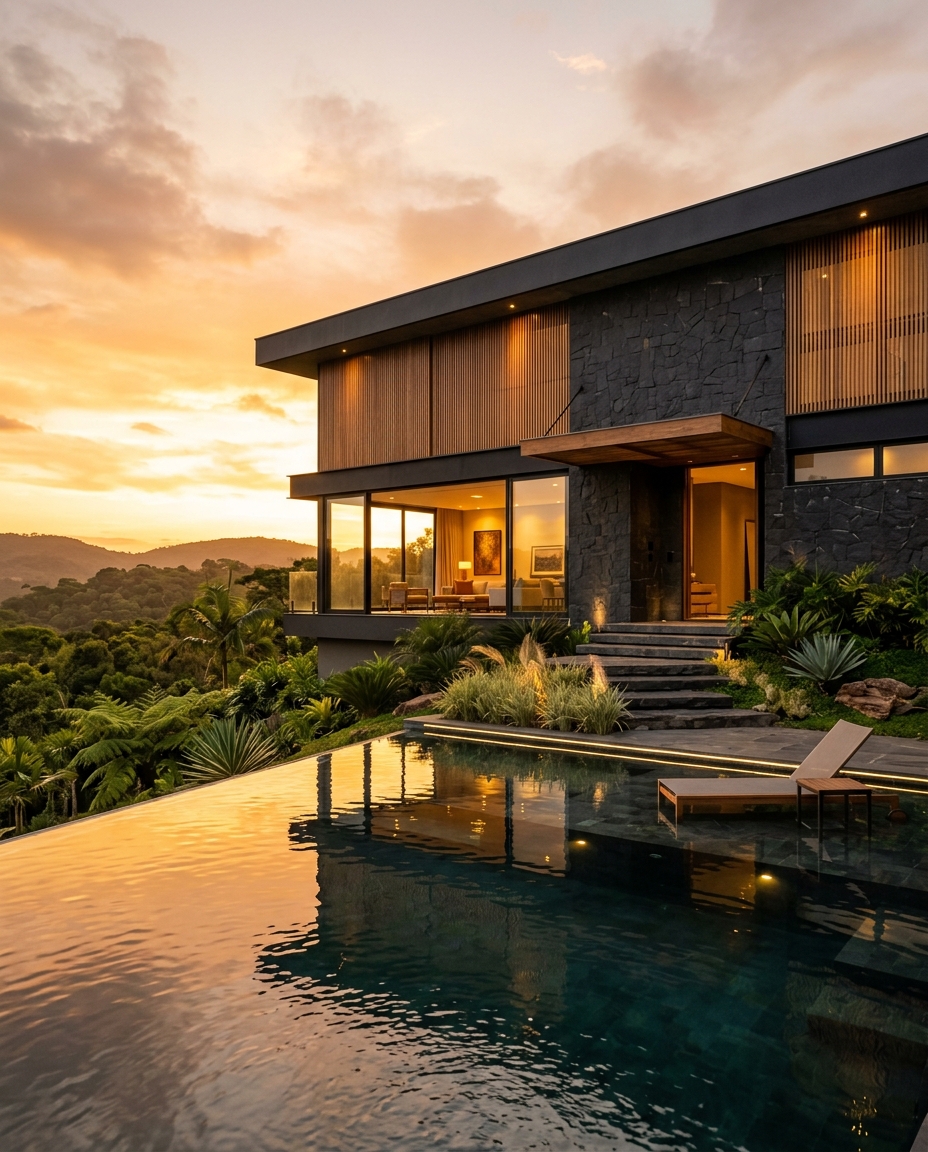 Casa de alto padrão ao pôr do sol