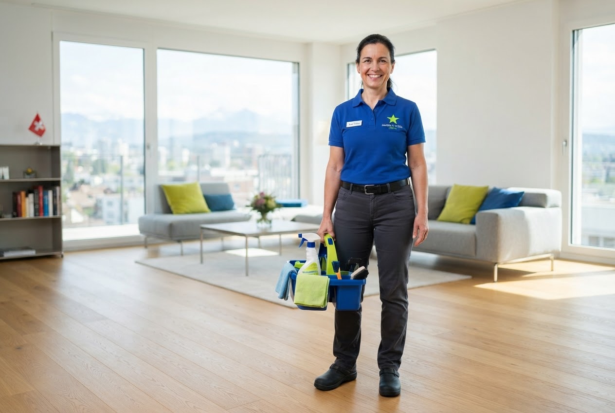 STERN DIENST Reinigungsmitarbeiter im blauen Polo mit Stern-Logo