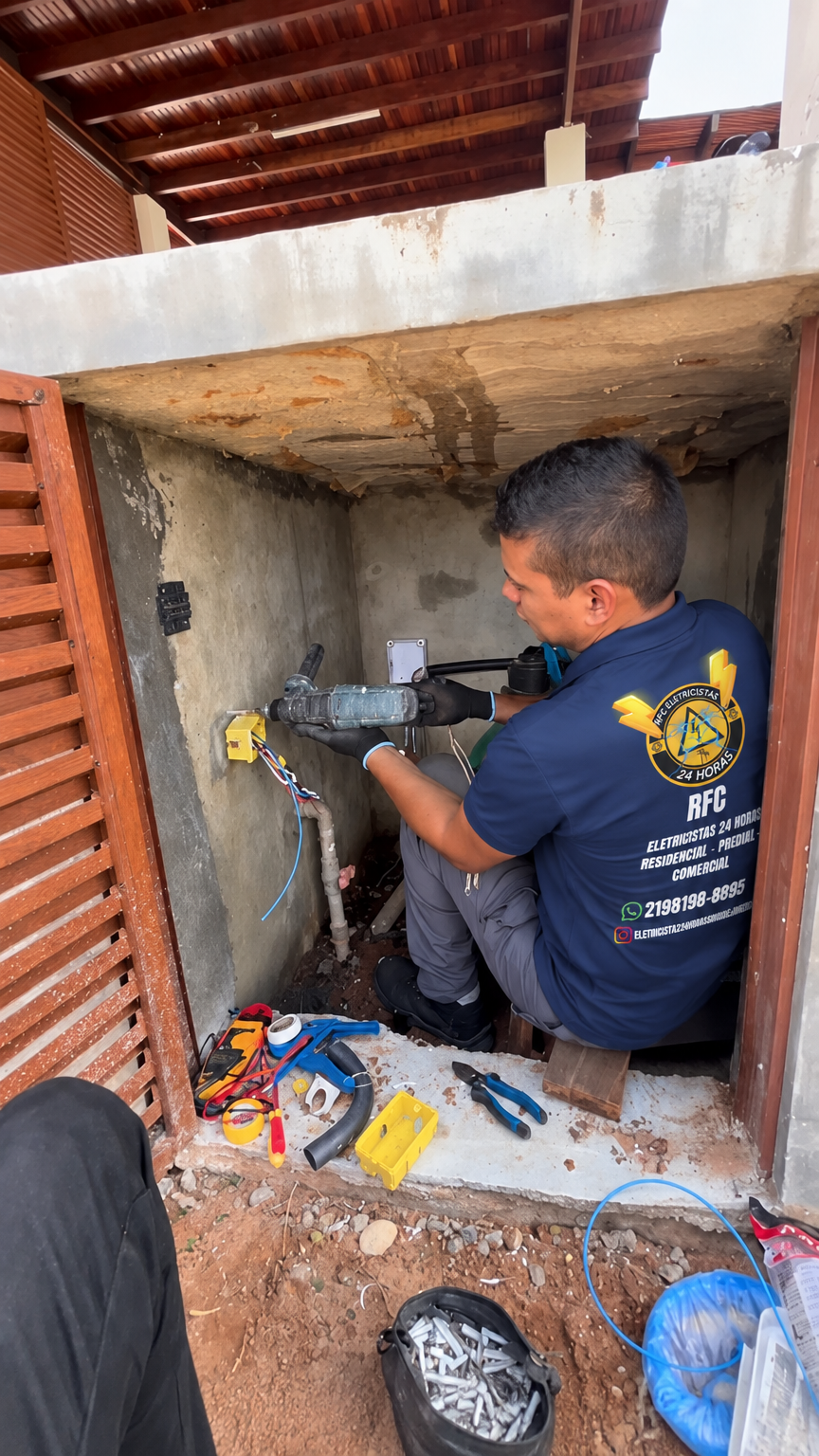 Eletricista com furadeira em caixa de luz amarela na alvenaria externa, com a camisa da RFC