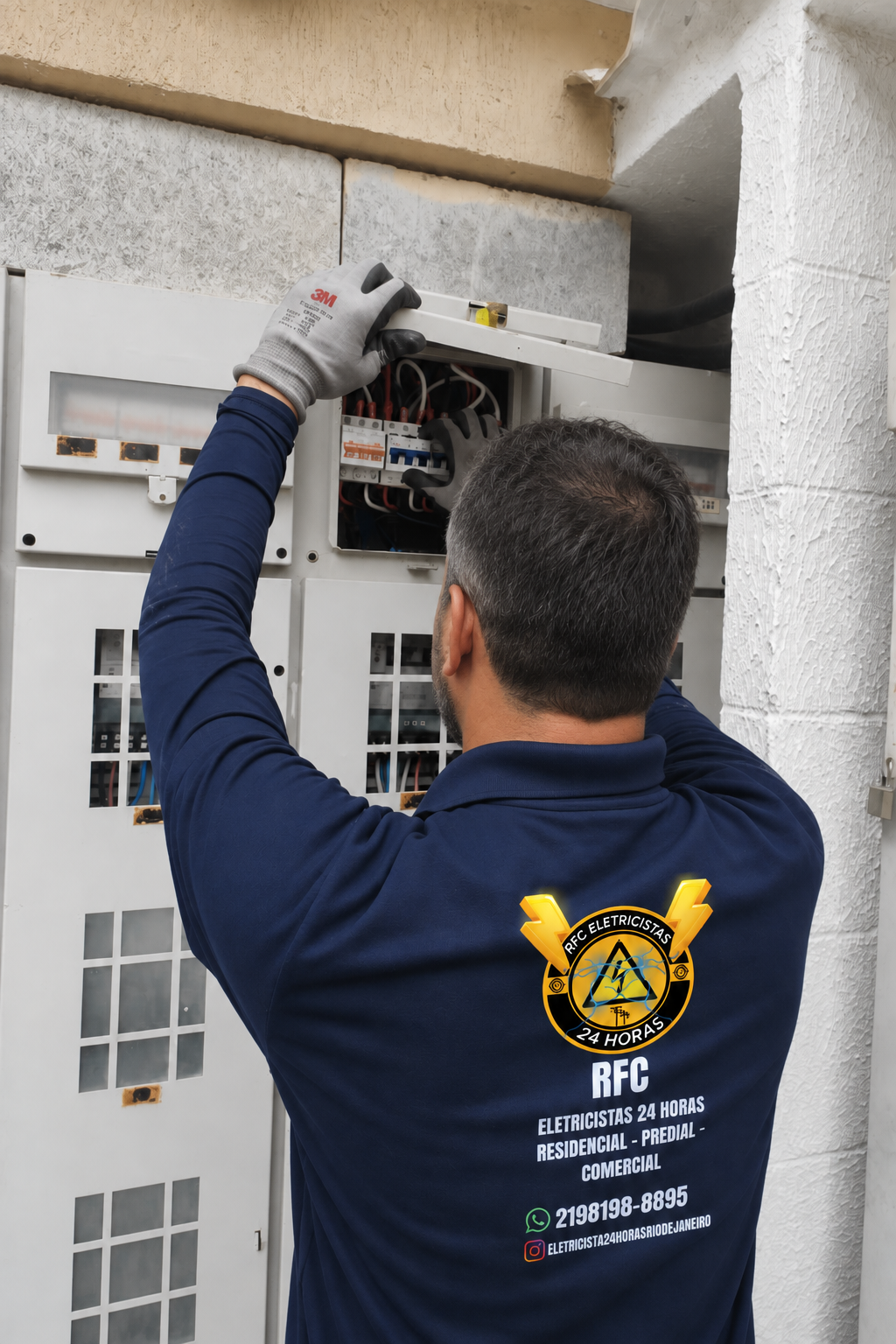 Eletricista na faixa dos 40 anos trabalhando em quadro elétrico, de costas, com camisa polo azul-marinho da RFC