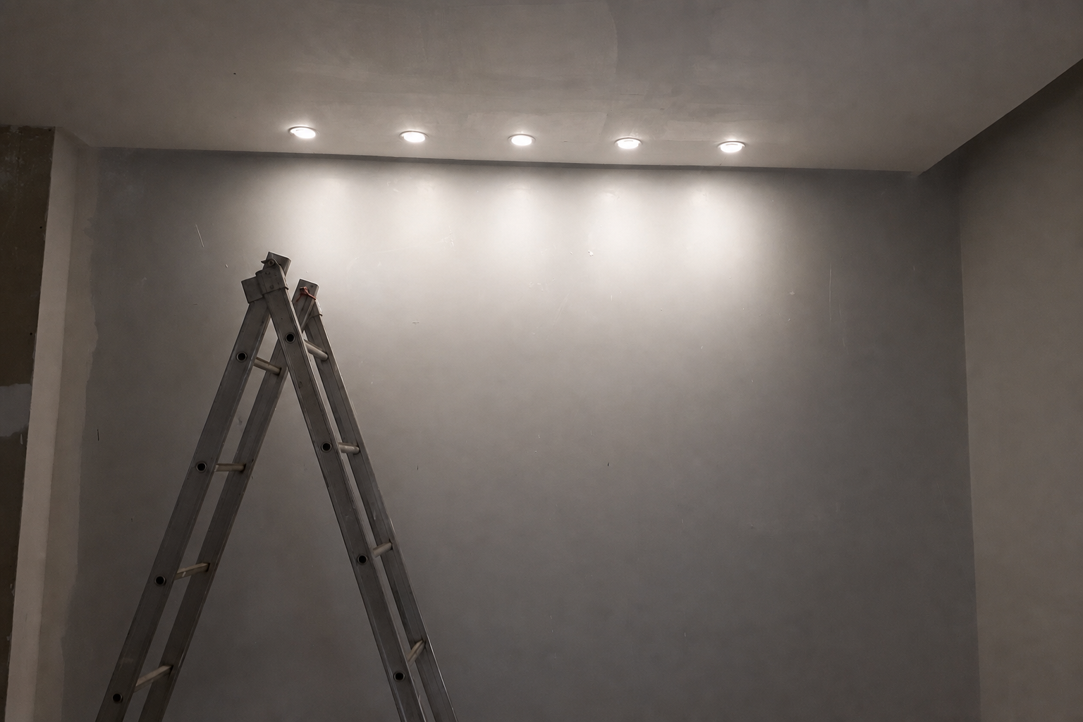 Instalação de spots de LED embutidos no forro com escada de alumínio