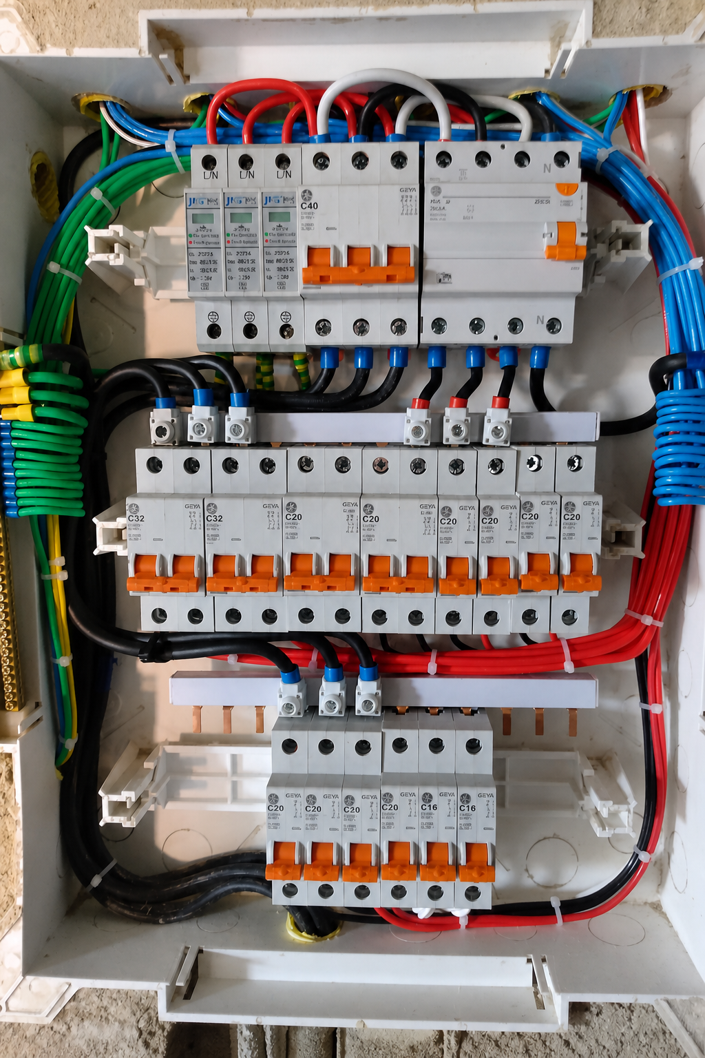 Quadro de distribuição organizado com DRs e DPS e cabeamento estruturado por cores