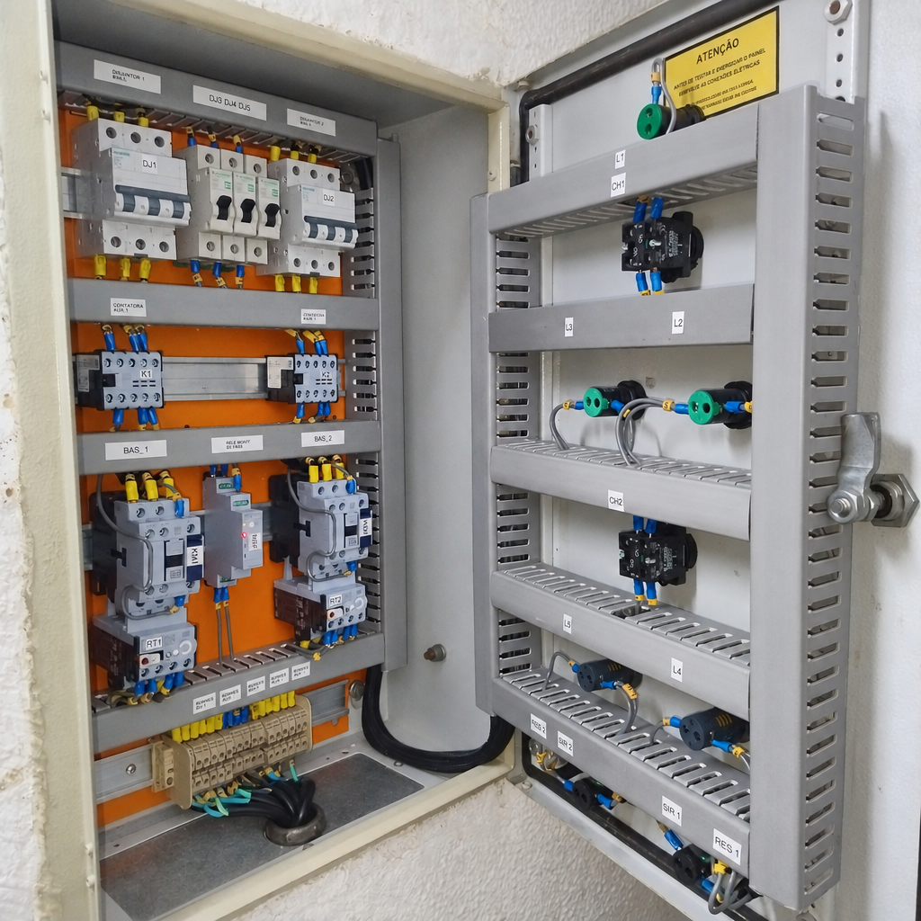 Quadro de comando elétrico com porta aberta, contatores, disjuntores, relé de monitoramento e bornes
