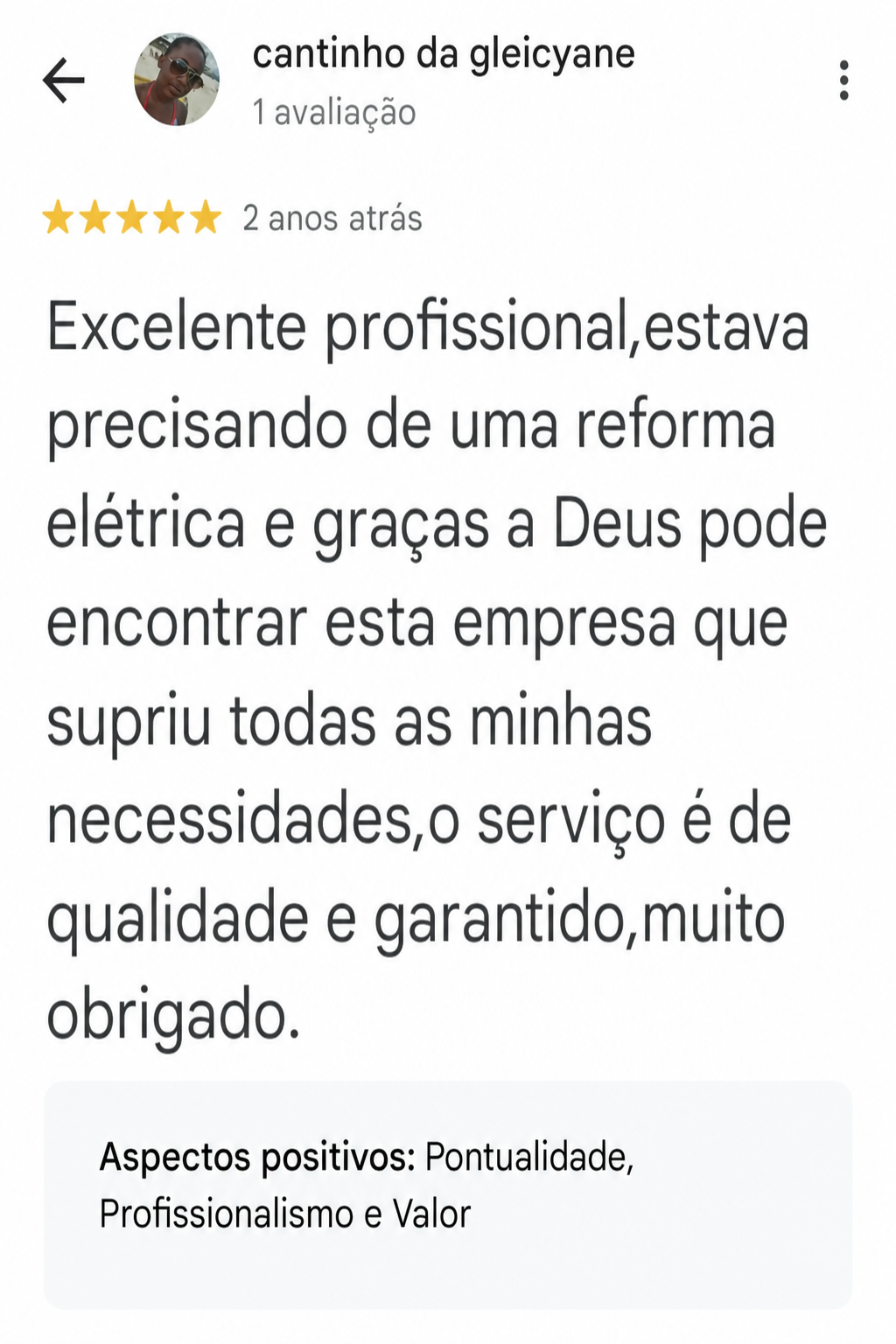 Avaliação Google de cantinho da gleicyane - 5 estrelas em reforma elétrica pela RFC Eletricistas