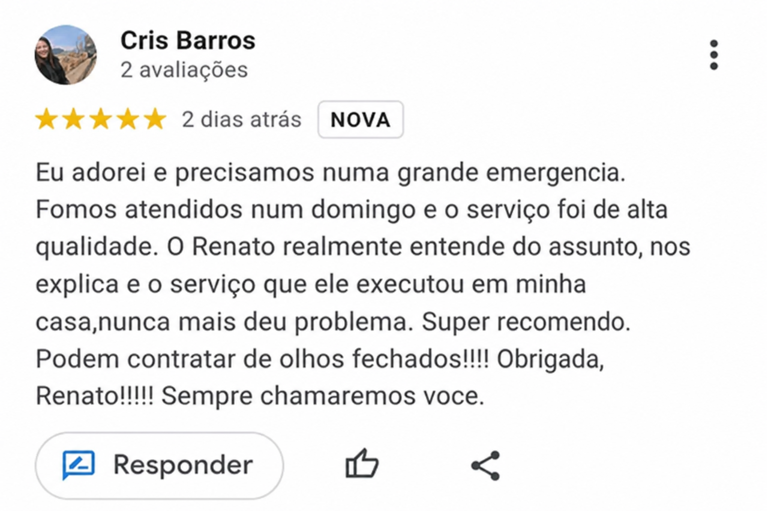 Avaliação Google de Cris Barros - 5 estrelas pela RFC Eletricistas