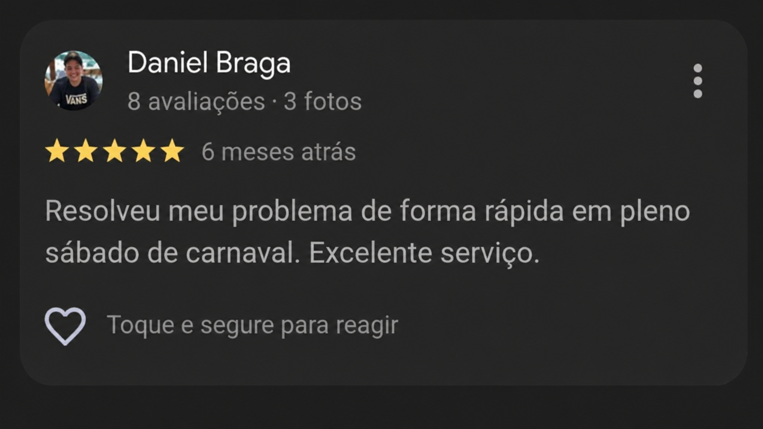 Avaliação Google de Daniel Braga - 5 estrelas pela RFC Eletricistas