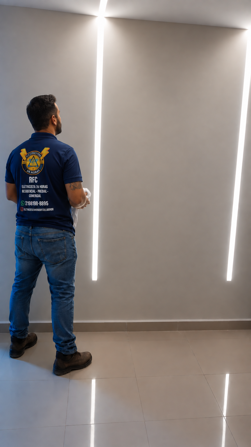 Eletricista de costas com camisa polo azul-marinho da RFC, em frente a parede cinza com duas faixas verticais de iluminação LED embutidas