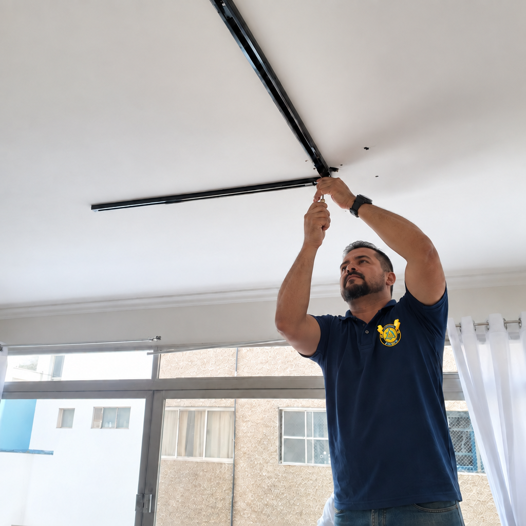 Profissional barbudo instalando trilho de iluminação preto no teto branco, com janelas ao fundo