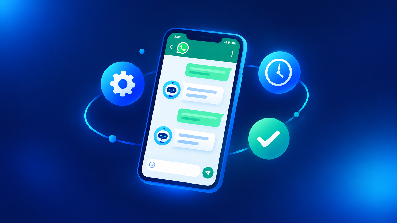 Ilustração de smartphone com chatbot de inteligência artificial atendendo no WhatsApp