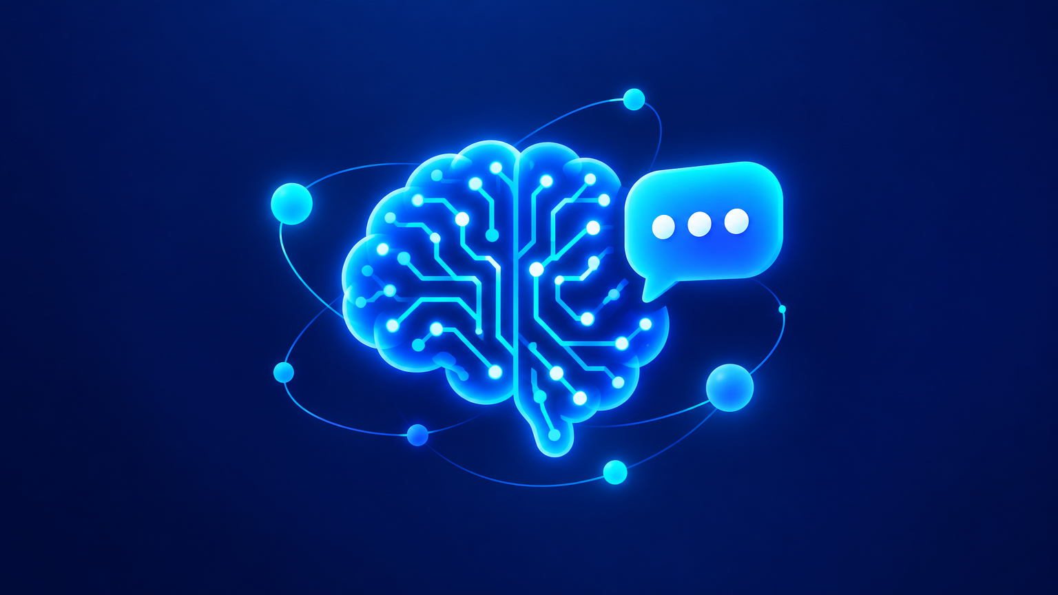 Ilustração de cérebro digital conectado a balão de chat, representando chatbots com inteligência artificial