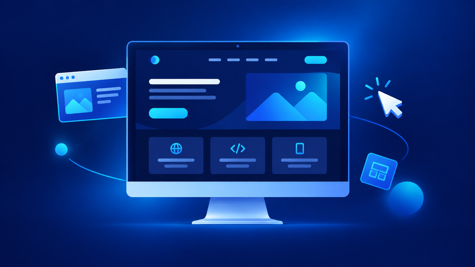 Ilustração de monitor com site profissional moderno em exibição, representando criação de sites