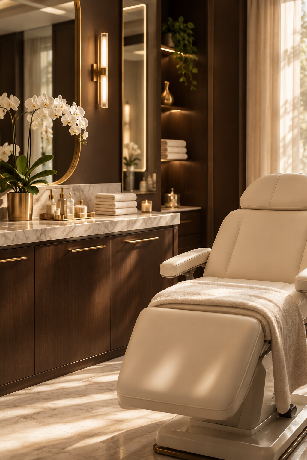 Ambiente elegante da clínica de estética — sala de tratamento com luz quente e detalhes dourados