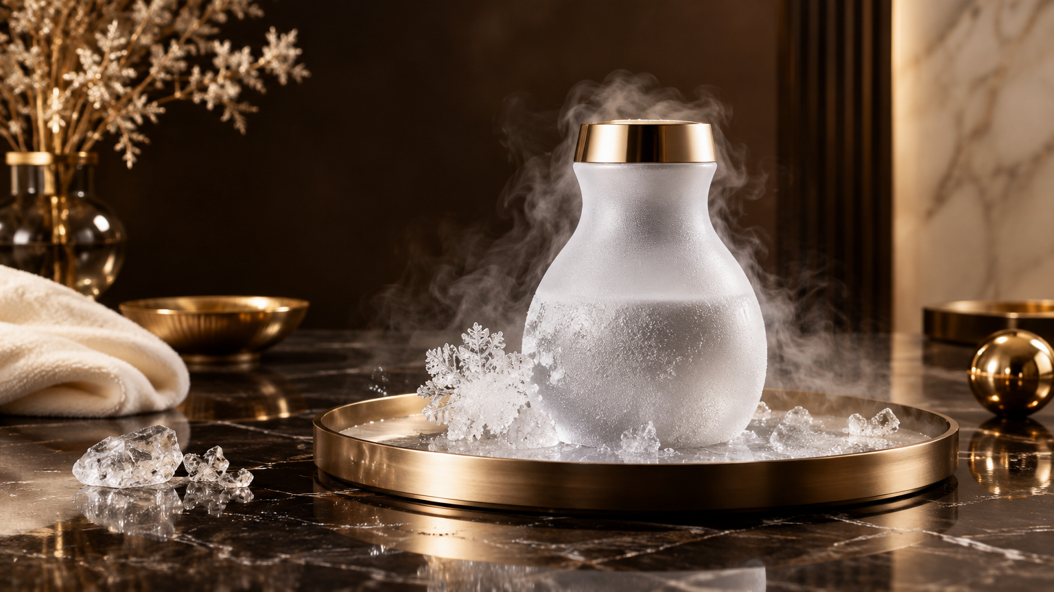 Vaso de vidro fosco com vapor frio sobre mármore escuro, representando a Crio da Simone