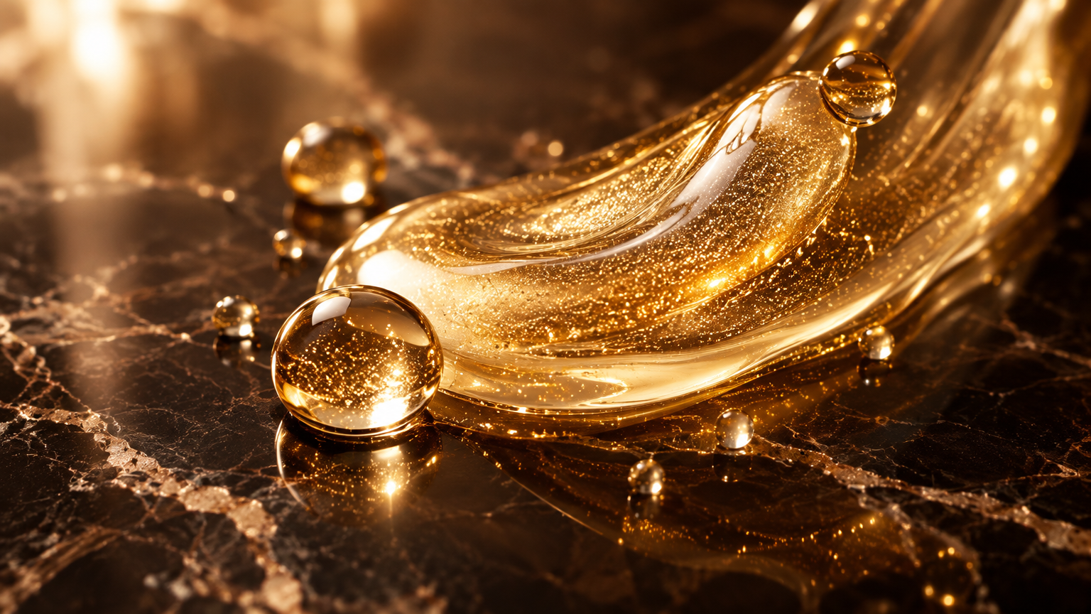Textura radiante de sérum dourado sobre mármore, representando o bioestimulador de colágeno