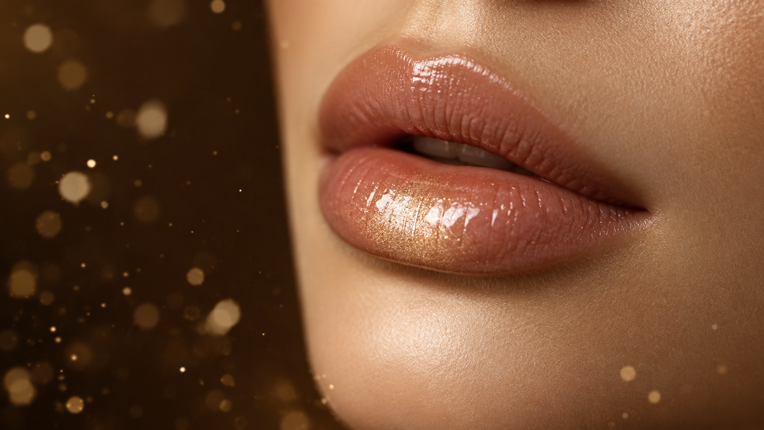 Close-up editorial de lábios nude com brilho e partículas douradas, representando preenchimento labial