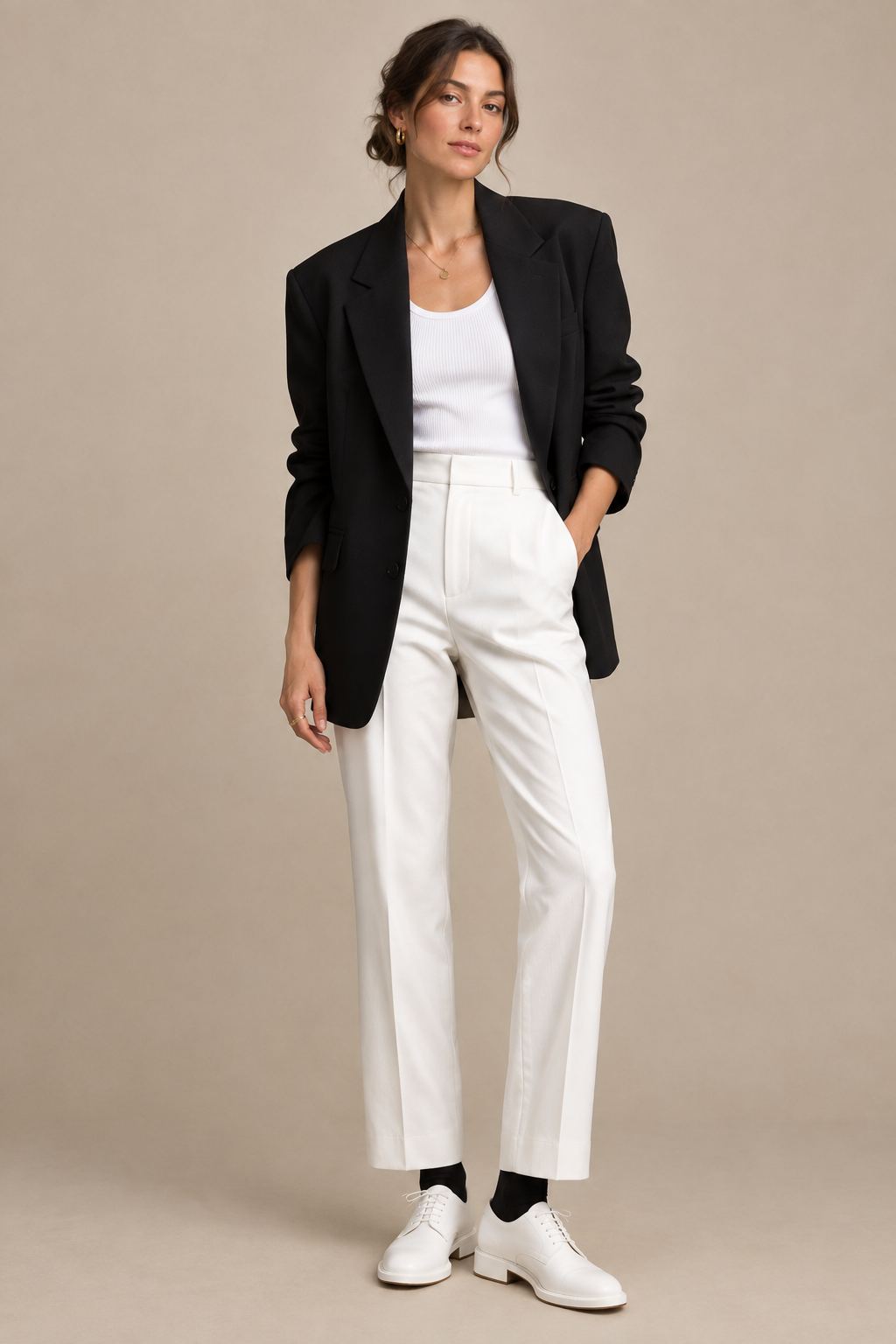 Minimalist Chic Look — white trousers and polished derby shoes