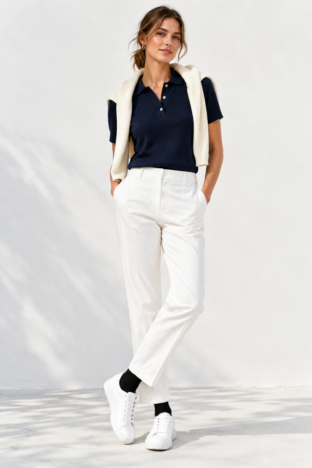 Preppy Look — white chinos, sneakers, and navy polo