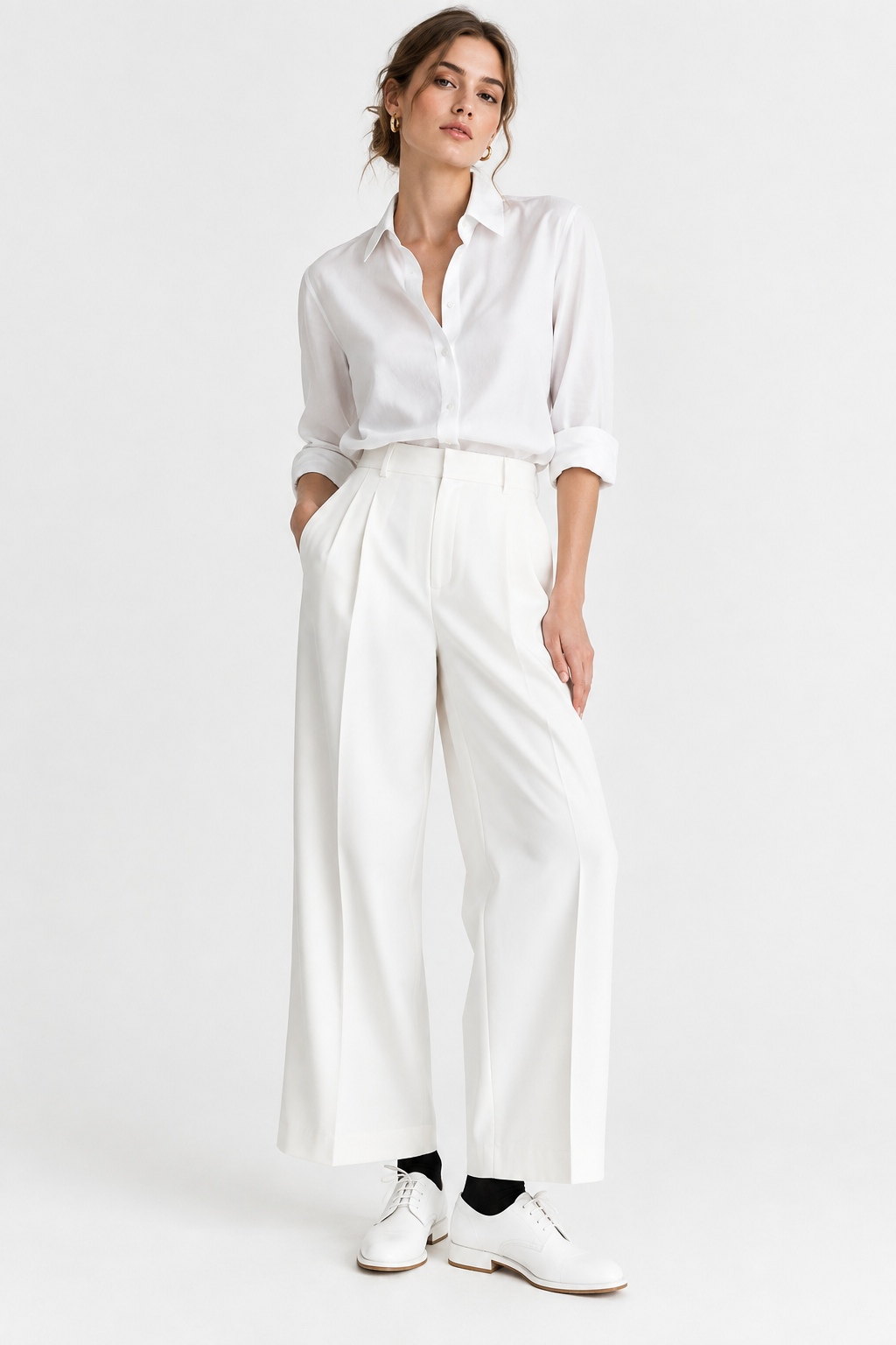 Monochromatic Look — all-white attire with derby shoes