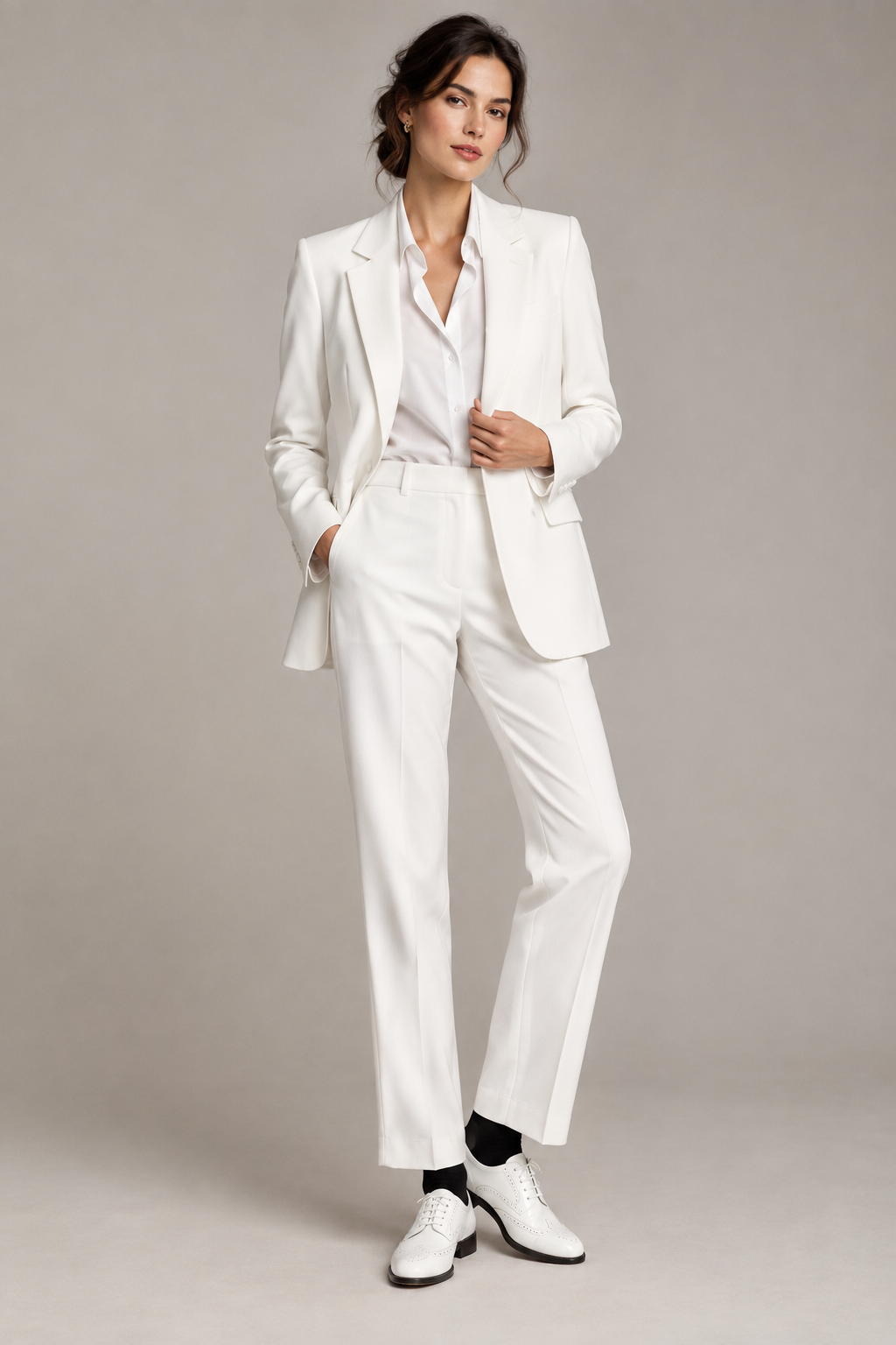 White Suit Look — white tailored blazer plus trousers and oxfords