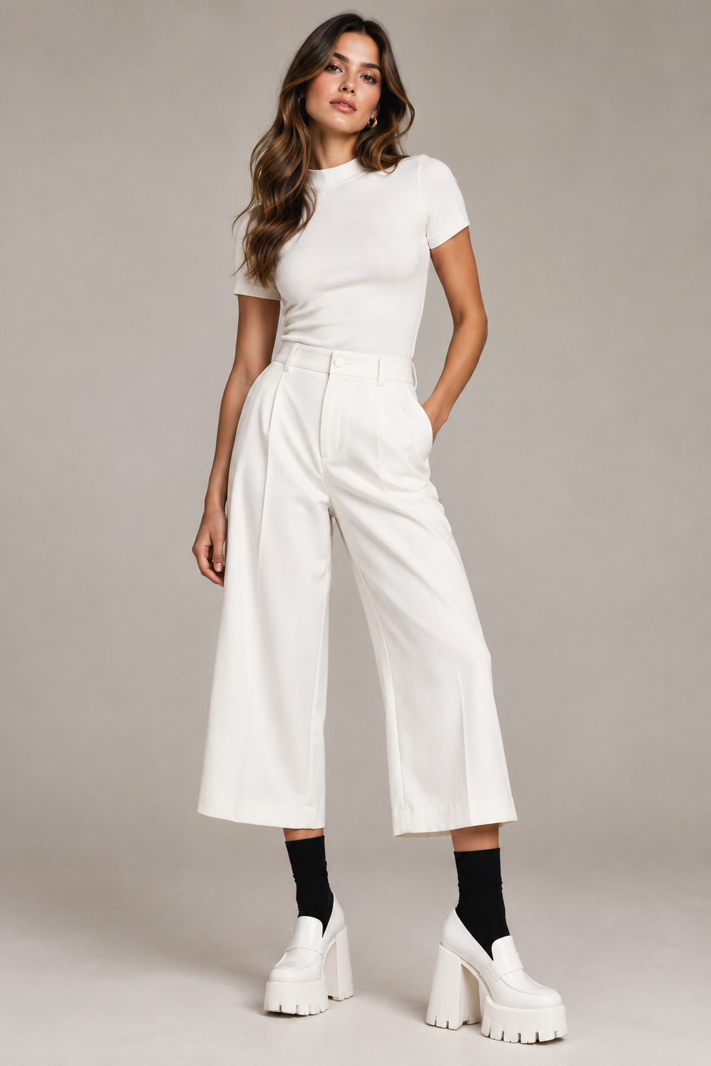 Cropped Pantalona Look — cropped wide-leg trousers with platforms