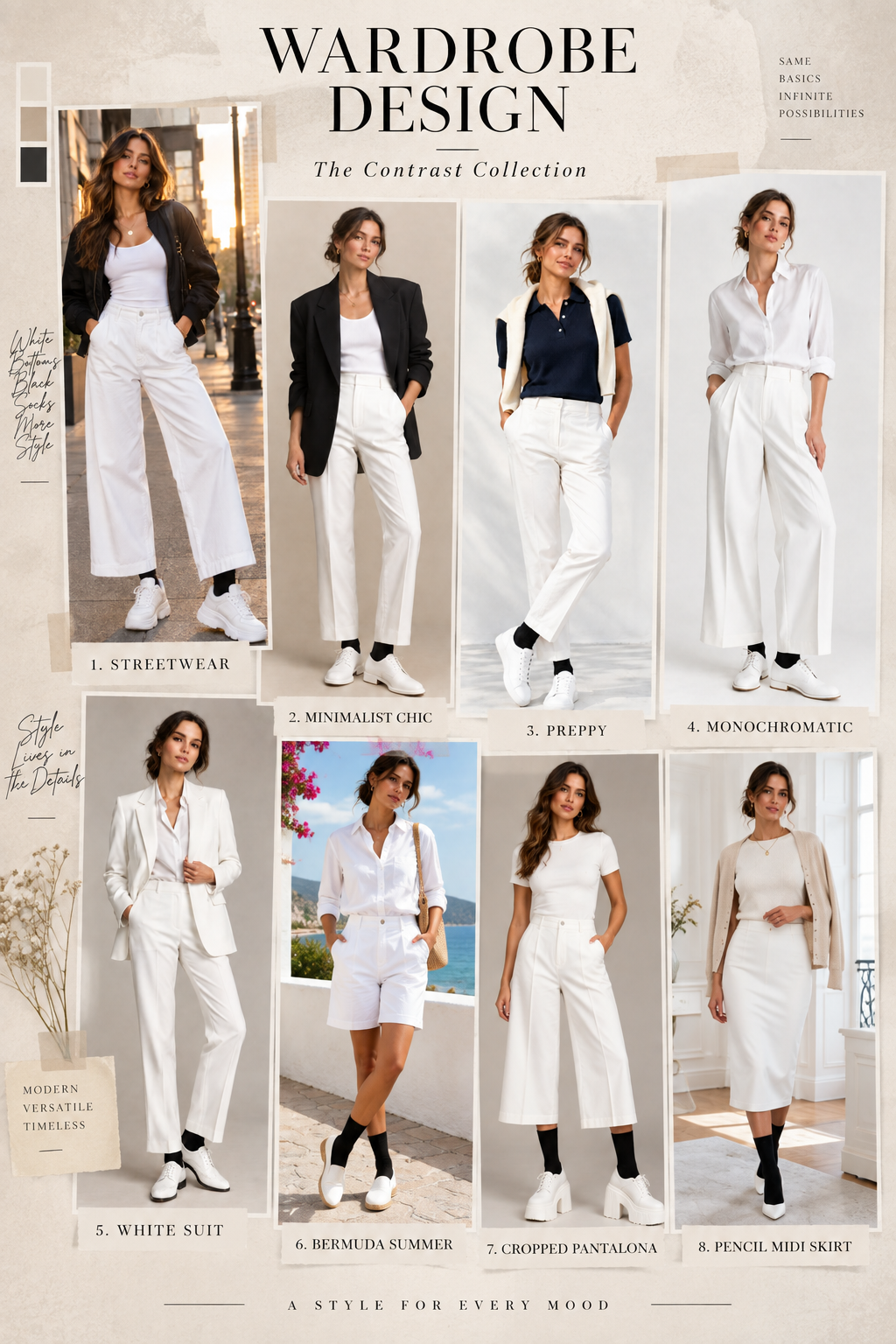 Wardrobe Design — The Contrast Collection Final Editorial Mood Board showing eight feminine looks