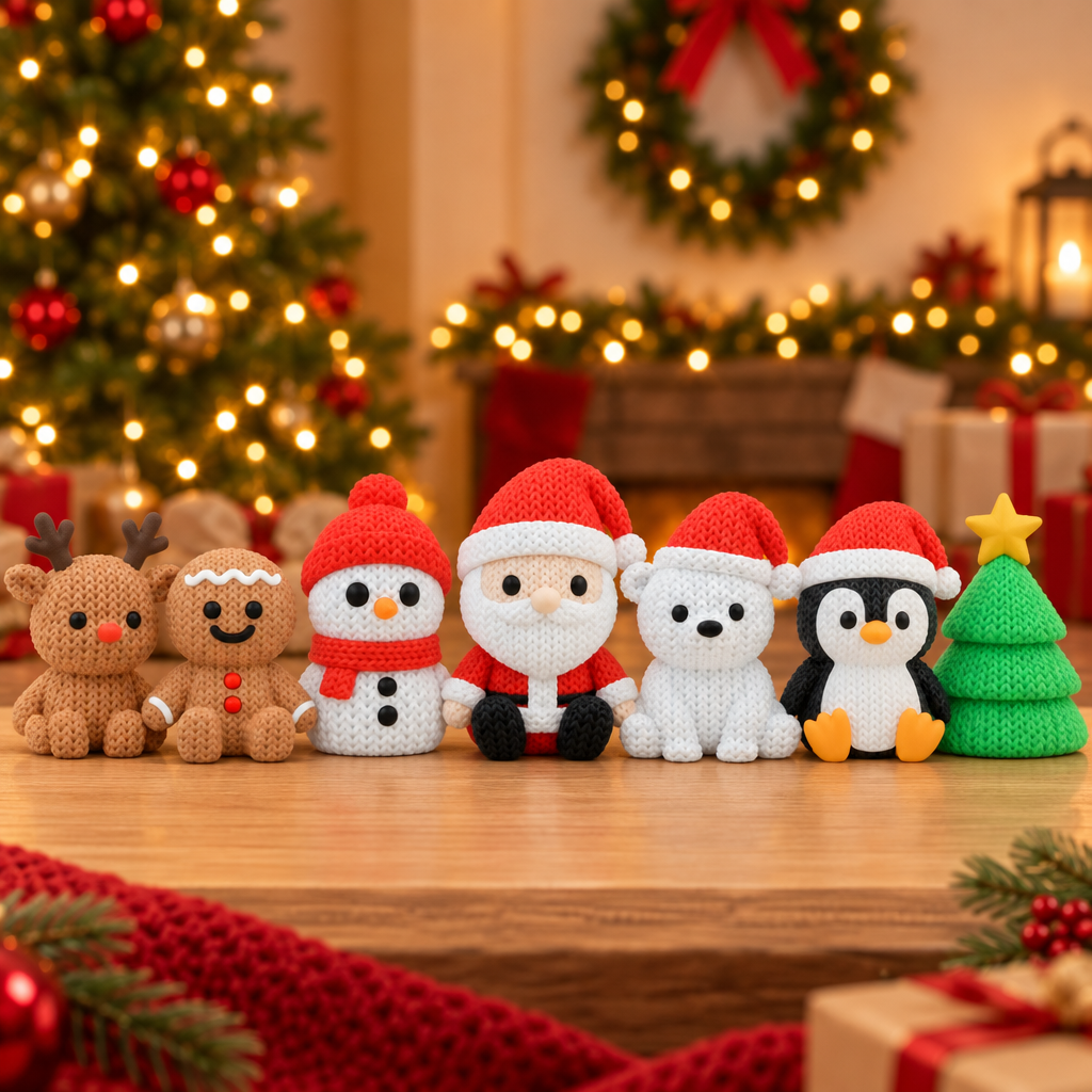 Kit Natal Tricô com as 7 peças reunidas em impressão 3D: Rena, Boneco de Gengibre, Boneco de Neve, Papai Noel, Urso Polar, Pinguim e Árvore de Natal